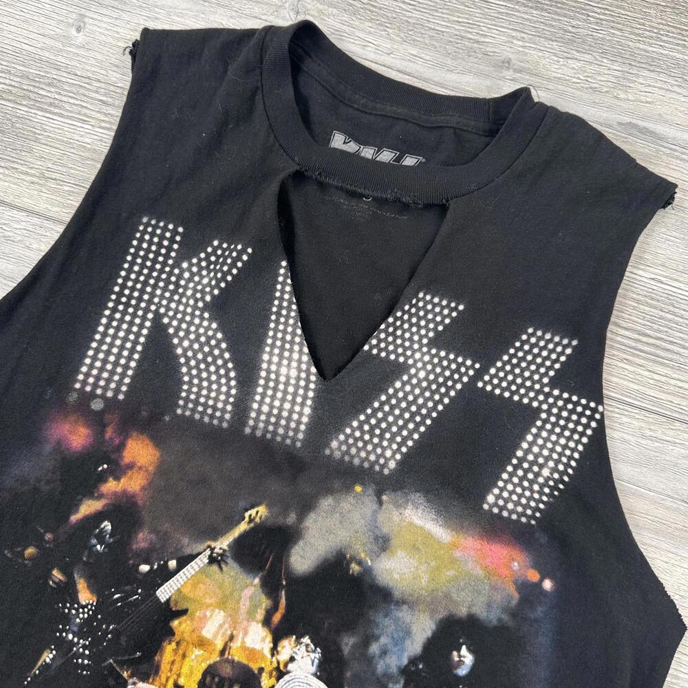 Kiss Shirt Womens Small Black Cutoff V neck Shredded Upcycled Cut Up - Picture 2 of 6